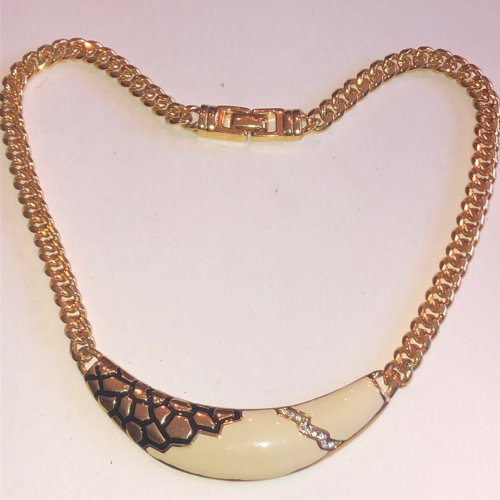 Angel Brand Signed Gold Tone Cream Enamel Rhinestone Necklace